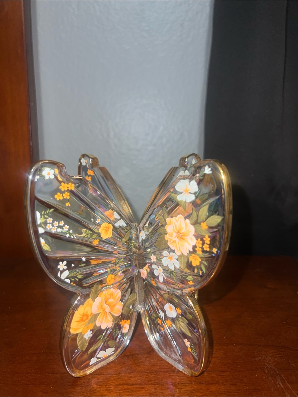 Bath & Body Work - Glass Butterfly Figurine in Yellow Floral Design Candle Hold